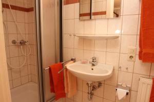 ein Badezimmer mit Waschbecken und Dusche in der Unterkunft Erlebnishof Katthusen in Otterndorf