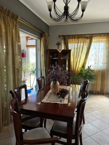 a dining room with a wooden table and chairs at Iliovasilema in Vathý