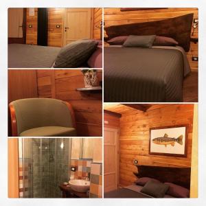 a collage of pictures of a bedroom with a bed and a bathroom at Trout Lodge in Collagna