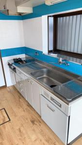 a kitchen with a stainless steel sink and blue and white walls at weiwei - Vacation STAY 08698v in Wakayama