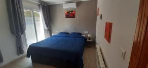 a bedroom with a bed with blue sheets and a window at Mas Solana in Huércal-Overa