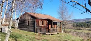 a small wooden cabin on a hill with trees at Chalet brumalis in Le Malzieu-Ville