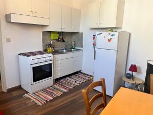 a kitchen with a white refrigerator and a sink at Bilocale con terrazzo in centro storico in Dorgali