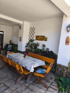 a table and bench in a patio with plants at Casa Rodica in Dubova