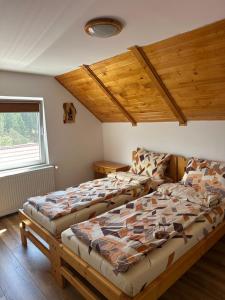 a bedroom with two beds and a window at Cabana Scruba in Topliţa