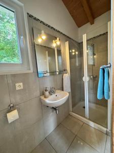 a bathroom with a sink and a shower at Cuq en Terrasses in Cuq-Toulza