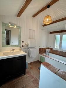 a bathroom with a sink and a large mirror at Cuq en Terrasses in Cuq-Toulza