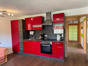 a kitchen with red cabinets and a stove at Apartment Florence in Wettringen +14 photos