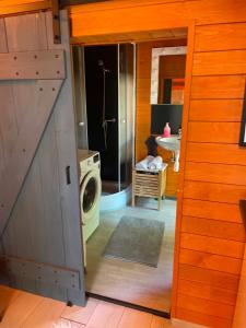 a bathroom with a washing machine and a sink at Makkocska Vendégház in Noszvaj