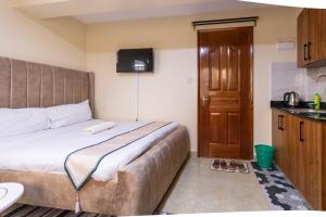 a bedroom with a large bed and a television at Caramel Studio In CBD with Free WI-FI in Nanyuki