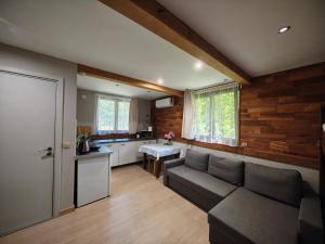 a living room with a couch and a kitchen at ekoLOKUM in Ostróda +17 photos