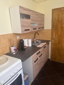 a kitchen with a sink and a stove at Casa Siesta apartman in Makó