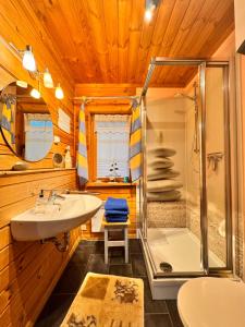 a bathroom with a shower and a sink at Der Fuchsbau - 3 separate Blockhäuser - ruhige Lage - 50m bis zum Wald - eingezäunter Garten in Bad Sachsa