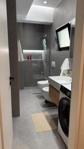 a bathroom with a toilet and a sink and a washing machine at Riviera Central Escape in Sarandë