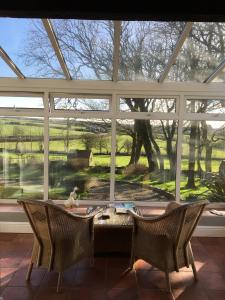 a conservatory with a table and two chairs in front of a window at Ty Llwyd in Treffynnon 