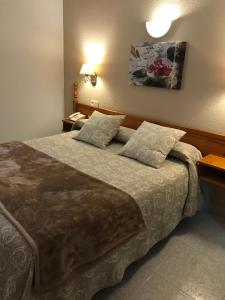 1 dormitorio con 1 cama grande y 2 almohadas en Hostal Alcázar, en Toledo