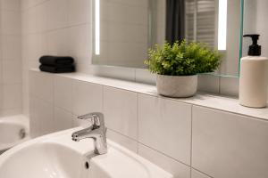 a bathroom sink with a mirror and a vase of flowers at Pulheim Living 3 in Pulheim +6 photos