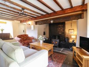 a living room with a couch and a fireplace at Frondirion in Machynlleth