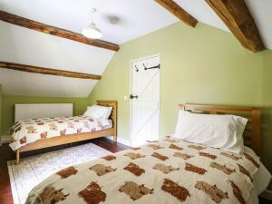 a bedroom with two beds and a door at Frondirion in Machynlleth