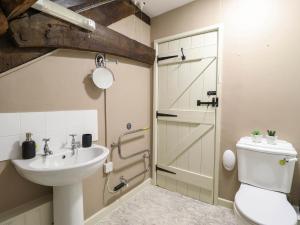 a bathroom with a toilet and a sink and a shower at Frondirion in Machynlleth +20 photos