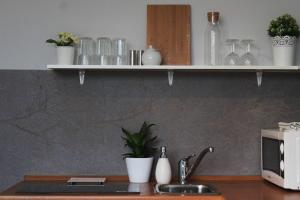 a kitchen counter with a sink and a microwave at Noctis Apartment Nowogrodzka in Warsaw