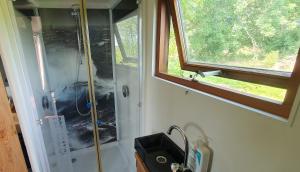 a shower in a bathroom with a window at Tiny House Lau at Glamping Verbaarum in Bedum