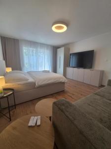 a bedroom with two beds and a flat screen tv at 365 apartmány CENTRO & jacuzzi in Piešťany