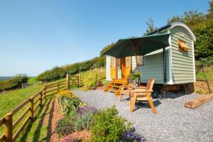 a green tiny house with a picnic table and an umbrella at 1 Bed in Cove oc-cloudm in Bampton