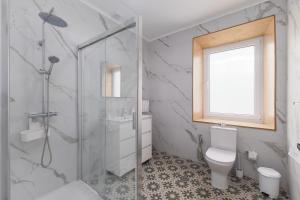 a bathroom with a shower and a toilet and a window at Casa da eira in Ribeira Grande +25 photos
