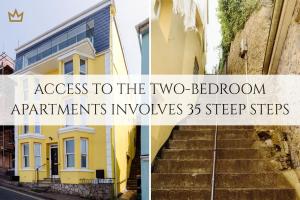 a collage of two pictures of a yellow house at Quayside Apartments, Brixham in Brixham