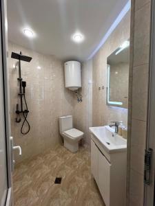 a bathroom with a toilet and a sink and a mirror at Hayrapetyan Guest House in Yeghegnadzor
