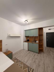 a kitchen with white walls and green cabinets at Apartament Căciulata Duo cu 2 camere independente in Căciulata