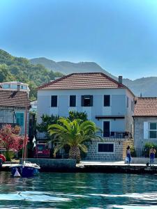 a white house with a palm tree in front of the water at Caelum Et Mare in Donja Lastva