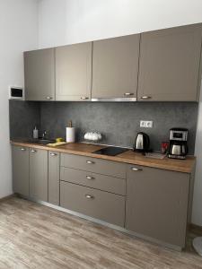 a kitchen with gray cabinets and a counter top at Vera Residence - Free Private Parking & Self Check-In in Timişoara