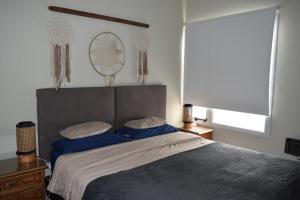 ein Schlafzimmer mit einem großen Bett und blauen Kissen in der Unterkunft Coty C in Saladillo