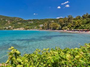 a beach with a group of people in the water at Alexios Apartments in Perdika +1 photo