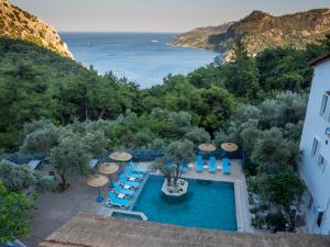an aerial view of a resort with a swimming pool and the ocean at Karma homes in Turunç