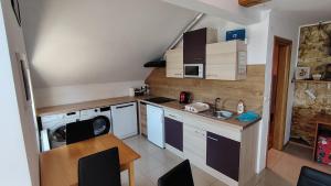 a small kitchen with a sink and a table at Apartman Danijel Jagic in Petrinja