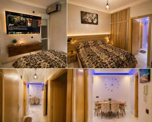 a collage of four pictures of a hotel room at Dar M in Marrakesh