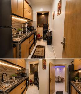 two pictures of a kitchen with a sink and a refrigerator at Dar M in Marrakesh