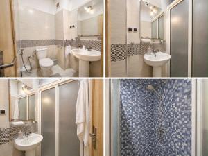 two pictures of a bathroom with two sinks and a shower at Dar M in Marrakesh