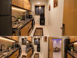 two pictures of a kitchen with two sinks and a hallway at Dar M in Marrakesh