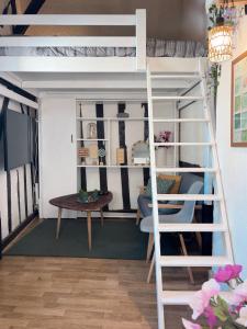 a room with a loft bed and a table at Duplex Charme & Fleurs, vue Cathédrale in Chartres