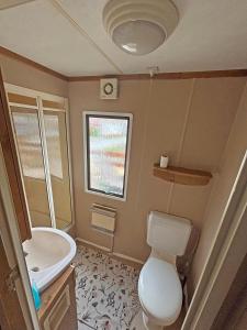 a small bathroom with a toilet and a sink at Retro Mobilhome in Igal