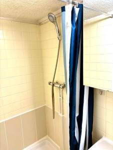 a shower in a bathroom with a blue shower curtain at Duplex Charme & Fleurs, vue Cathédrale in Chartres +18 photos