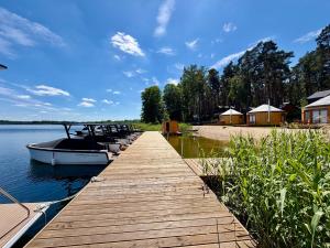 a row of boats docked at a dock on a lake at Forest Marina 
