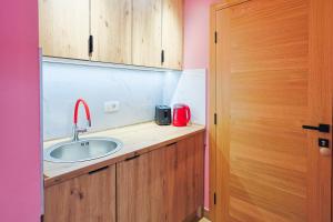 a kitchen with a sink and a red appliance at FourMountains-Igman in Sarajevo