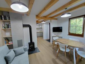 a living room and dining room with a table and a fireplace at Borówkowa Dolina in Lądek-Zdrój