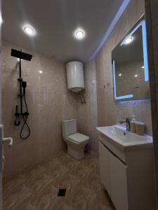 a bathroom with a toilet and a sink and a mirror at Hayrapetyan Guest House in Yeghegnadzor