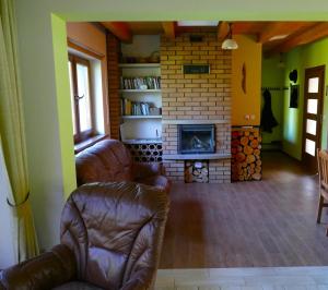 a living room with a couch and a fireplace at Plantacja Wierzby Agroturystyka in Haczów